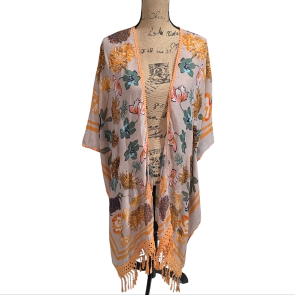 Woven Heart Plus‎ 1X Floral Kimono Cardigan Gold Foil Crochet Tassel Coverup New